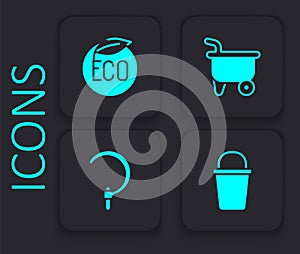 Set Bucket, Eco healthy food, Wheelbarrow and Sickle icon. Black square button. Vector