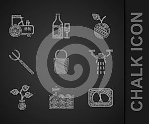 Set Bucket, Garden bed, Chicken egg, Smart farm with drone, Plant, pitchfork, Apple and Tractor icon. Vector