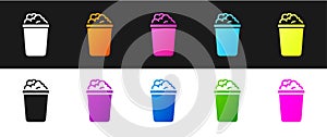 Set Bucket with soap suds icon isolated on black and white background. Bowl with water. Washing clothes, cleaning