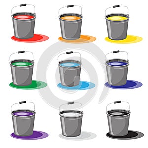 Set of buckets with paint. Spilled paint. Icons color.Isolated on white background.