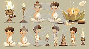 set of Buddha Purnima cartoon characters and design elements. On this day, it is customary to wear simple white clothes
