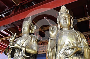 Set of Buddha statues and small stupas in Gangaramaya temple,