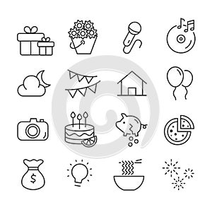 Set of budget for party tonight icons. Celebration concept outline isolated photo