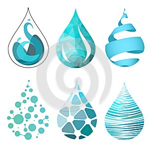 Set of bue bright different water drop icons.