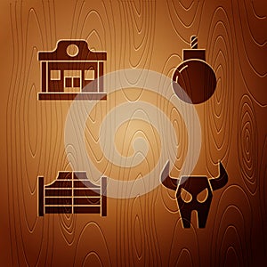 Set Buffalo skull, Wild west saloon, Saloon door and Bomb ready to explode on wooden background. Vector