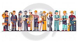 Set of builders, technicians, engineers and industrial workers cartoon people characters in uniform isolated line art flat vector