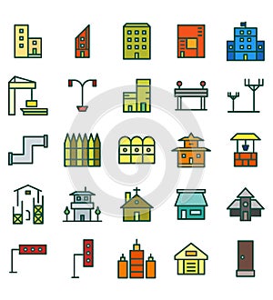 Set of Building and real estate city Flat Color vector illustration icon or symbol. Editable stroke and color