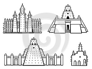 Set of buildings African architecture. House, mosque, ancient dwelling.