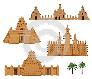 Set of buildings African architecture. House, mosque, ancient dwelling.