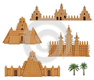 Set of buildings African architecture. House, mosque, ancient dwelling. photo