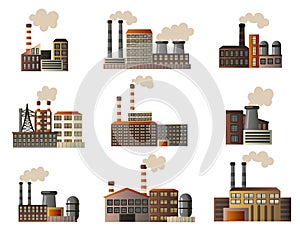 Set of buildings of an industrial manufactory. Different buildings of factories producing crude oil, gas and others