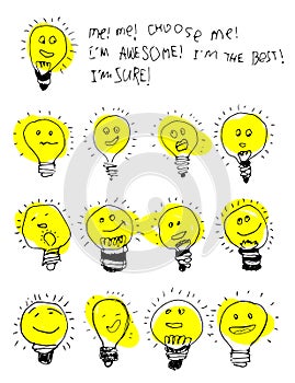 Set of bulb icons, stylized kids drawing. Childish text about choosing an idea, cute ison. Children drawing of lamps