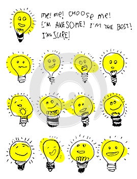 Set of bulb icons, stylized kids drawing. Childish text about choosing an idea, cute ison. Children drawing of lamps photo