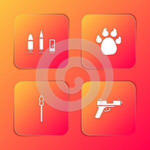 Set Bullet and cartridge, Paw print, Medieval spear and Pistol or gun icon. Vector