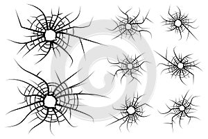 Set bullet holes cobwebs on the glass, target shooting, isolated vector illustration.