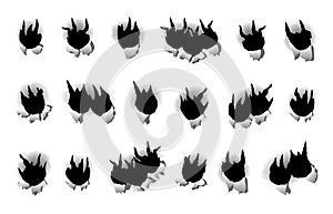 Set bullet holes on paper, target shooting, isolated white background vector illustration.