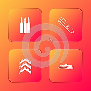 Set Bullet, Nuclear rocket, Military rank and Submarine icon. Vector