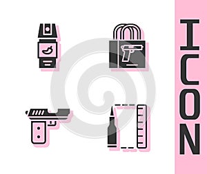 Set Bullet, Pepper spray, Pistol or gun and Buying pistol icon. Vector