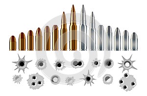 set of bullet shot holes and types of rifle pistol ammunition in gold and silver color.