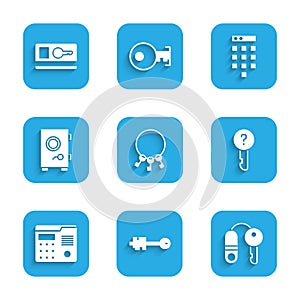 Set Bunch of keys, Old, House with, Undefined, intercom system, Safe, Password protection and Key card icon. Vector photo