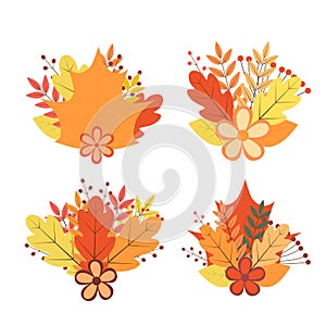 Set of bunches of colorful autumn leaves and flowers. Fall round frames. Thanksgiving day decorations. Vector elements