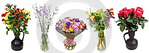 Set of bunches of flowers in vases isolated