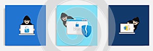 Set bundle of hacker theft personal data identity and file breach. 3D cartoon vector illustration