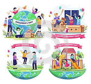 Set bundle of World Children`s day with happy kids around the world and engaged in decoration. vector illustration