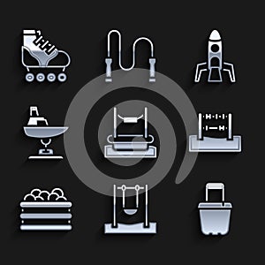 Set Bungee, Swing, Sand bucket, Abacus, Pool with balls, boat, Rocket ship and Roller skate icon. Vector