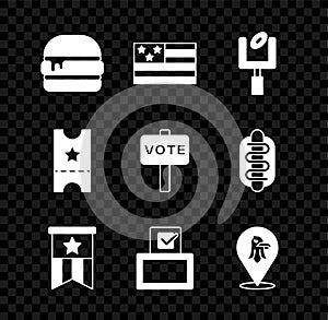 Set Burger, American flag, football goal post, Vote box, Eagle, Baseball ticket and icon. Vector