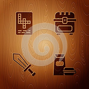 Set Burger, Crossword, Sword for game and Antique treasure chest on wooden background. Vector