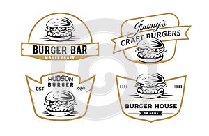 Set of burger emblems, badges and logo.