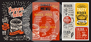 Set of burger menus for restaurant. Vector food flyer for bar an