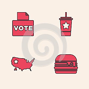 Set Burger, Vote box, Paper glass with straw and USA map icon. Vector