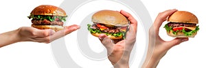 A set of burgers in hands isolated on a white or transparent background. Close-up of a burgers in hands, side view