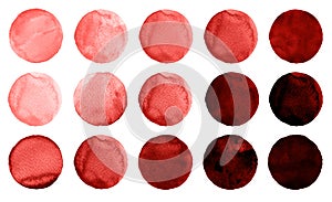 Set of burgundy, brown, dark red, sienna, rufous, maroon watercolor circles isolated on white.