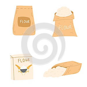 Set of burlap bags of flour in cartoon flat style. Vector illustration of sacks with wheat, farming food element