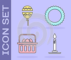 Set Burning candle in candlestick, Balloons with ribbon, Basket with easter eggs and Sun icon. Vector