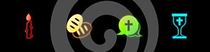 Set Burning candle, Christian bread, cross and chalice icon. Vector