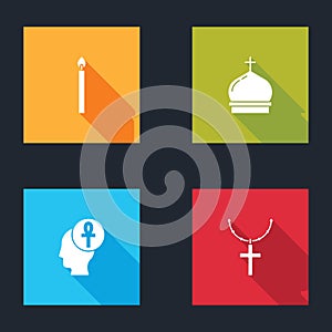 Set Burning candle, Church tower, Cross ankh and Christian cross on chain icon. Vector