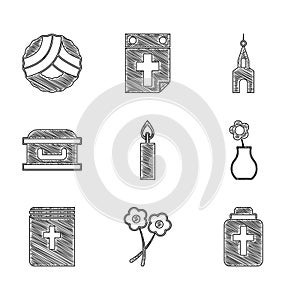 Set Burning candle, Flower, Funeral, vase, Holy bible book, Coffin with cross, Church building and Memorial wreath icon