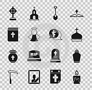 Set Burning candle, Funeral, Church tower, Shovel, Angel, Holy bible book, Grave with cross and icon. Vector