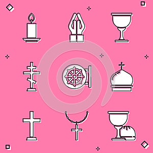 Set Burning candle, Hands praying position, Holy grail or chalice, Christian cross, Dharma wheel, Church tower, and