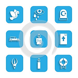 Set Burning candle, Memorial wreath, Holy bible book, Lily flower, Hearse car, Muslim cemetery and Dove icon. Vector