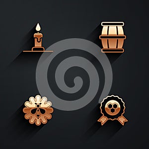 Set Burning candle, Wooden barrel with honey, Bee flower and Honey award icon with long shadow. Vector