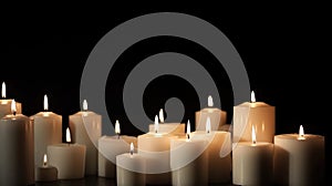 Set of burning candles on dark table in church. Black background. Memory day concept. AI generative.