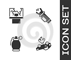 Set Burning car, Broken window, Hand grenade and Police electric shocker icon. Vector