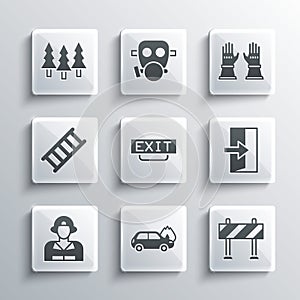 Set Burning car, Road barrier, Fire exit, Firefighter, escape, Forest and gloves icon. Vector
