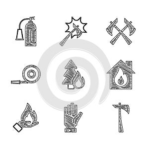 Set Burning forest tree, Firefighter gloves, axe, burning house, Hand holding fire, hose reel, and extinguisher icon