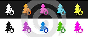 Set Burning forest trees in fire flames icon isolated on black and white background. Natural disaster concept. Vector